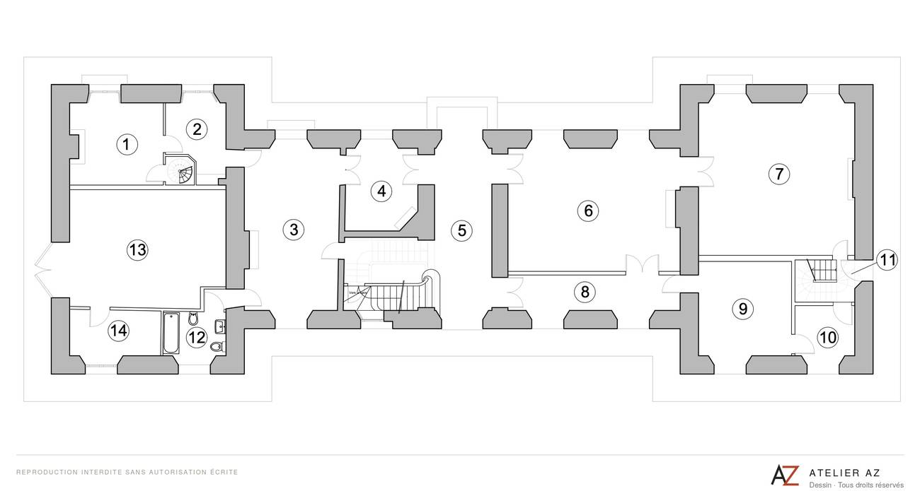Plan du rez-de-chaussée du même château : murs porteurs pochés, embrasures, escaliers, pièces numérotées.