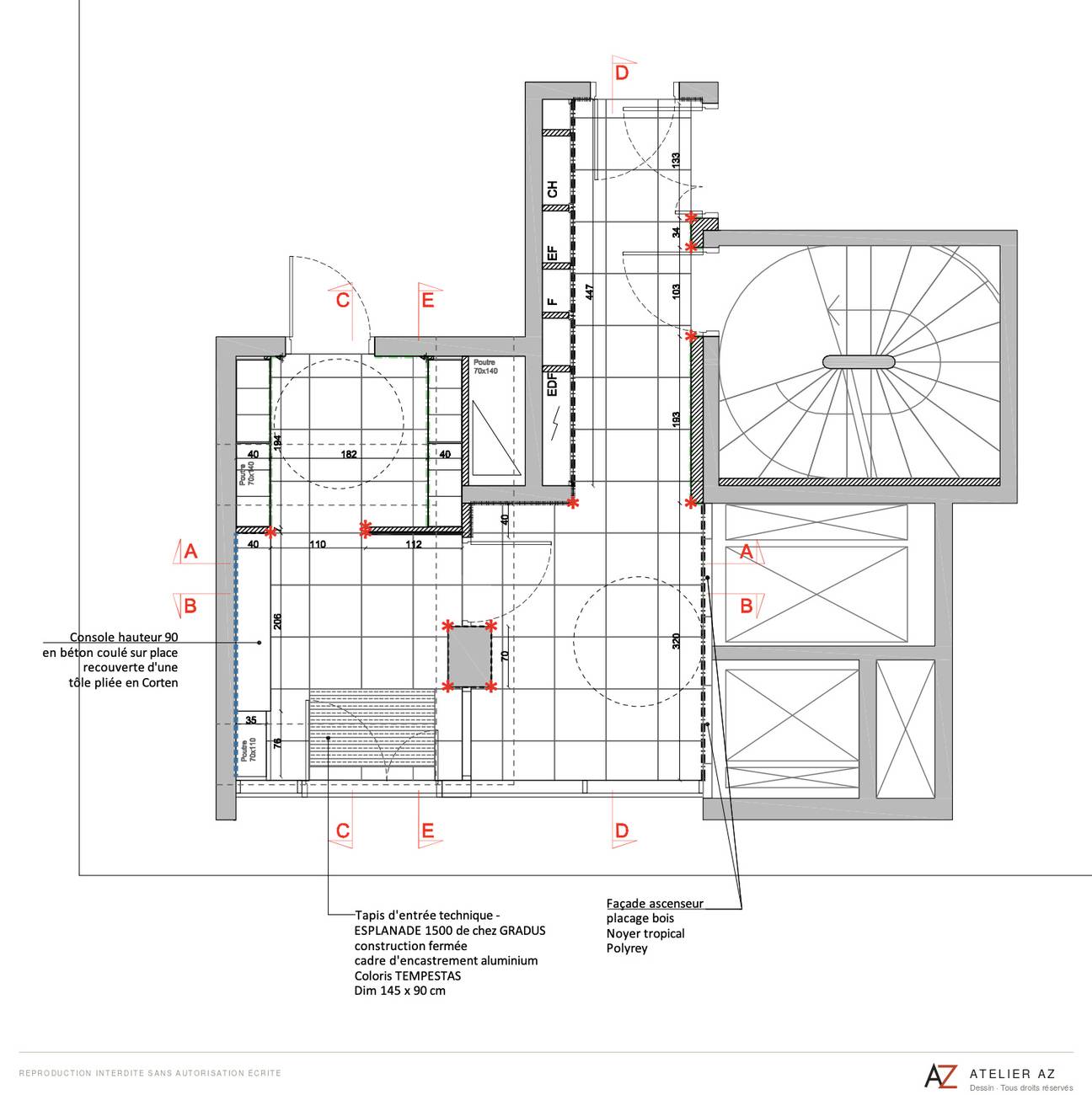 Plan d'exécution d'un hall d'immeuble : calepinage, repères de coupe A à E, console béton, tapis d'entrée encastré.