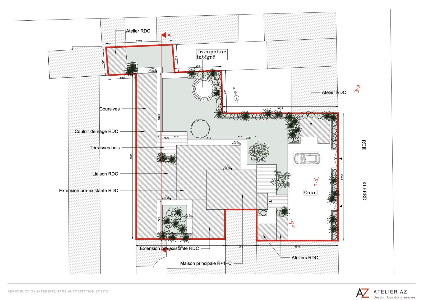 Plan de masse de permis de construire : emprises projetées en rouge, cotes, terrasses, extensions et ateliers en rez-de-chaussée.